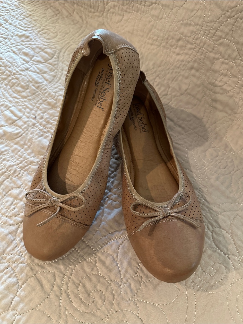 Josef Seibel Tan Leather Perforated Ballet Flats with Bow